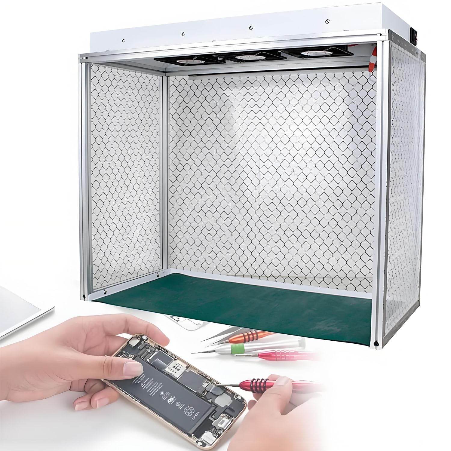 Cabina de Flujo laminar de Tres Ventiladores (Flujo Vertical), Mesa de Trabajo Libre de Polvo para Reparaciones, con Filtro HEPA; para talleres de reparación de teléfonos y Laboratorios. 110V