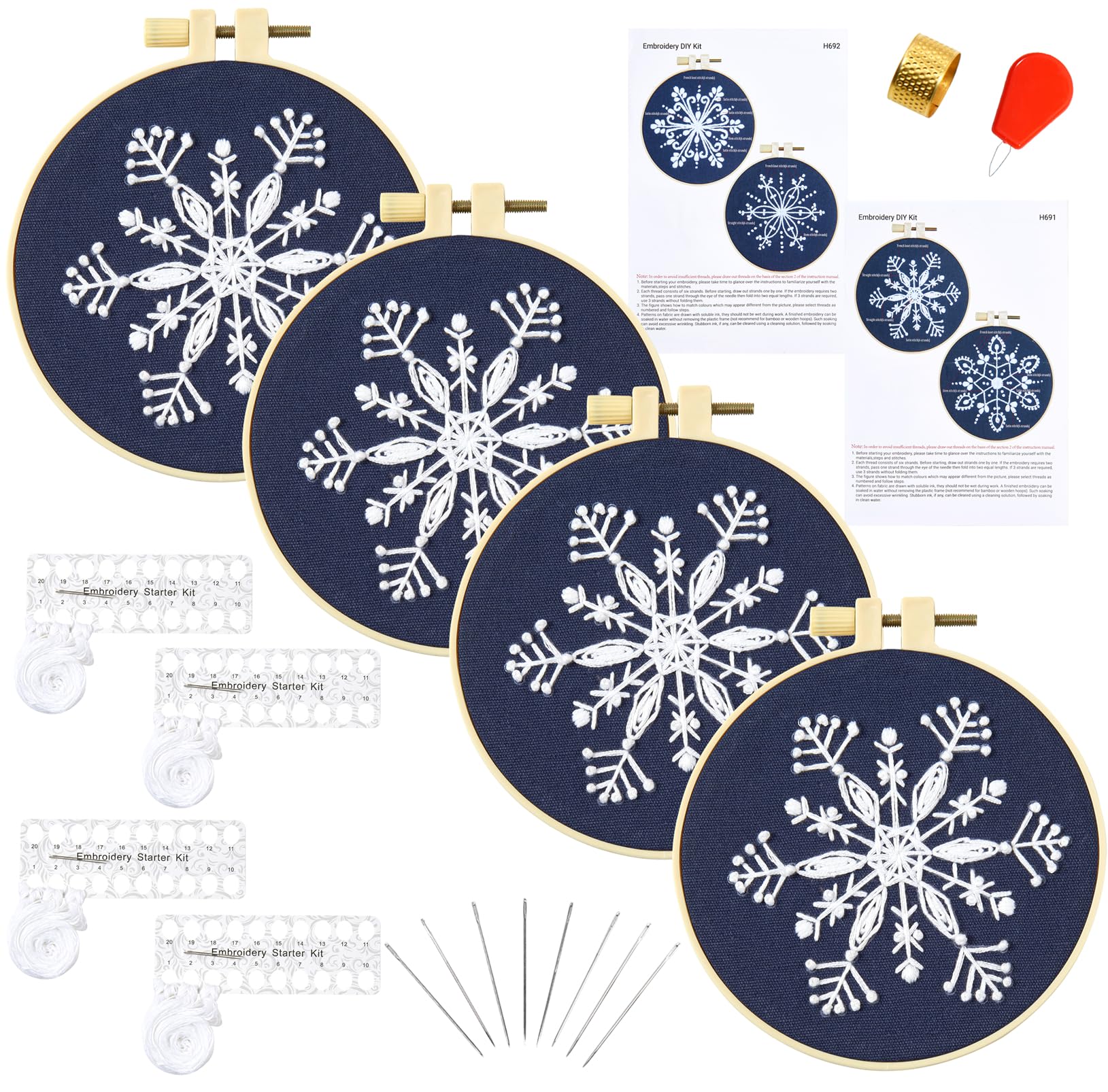 Armindou Christmas Embroidery Starter Kits for Beginners Adults, Winter Snowflake Hand Embroidery Needlepoint DIY Kits, Christmas Stamped Cross Stitch Kits for Beginners Adults, 4 Set Embroidery Hoops
