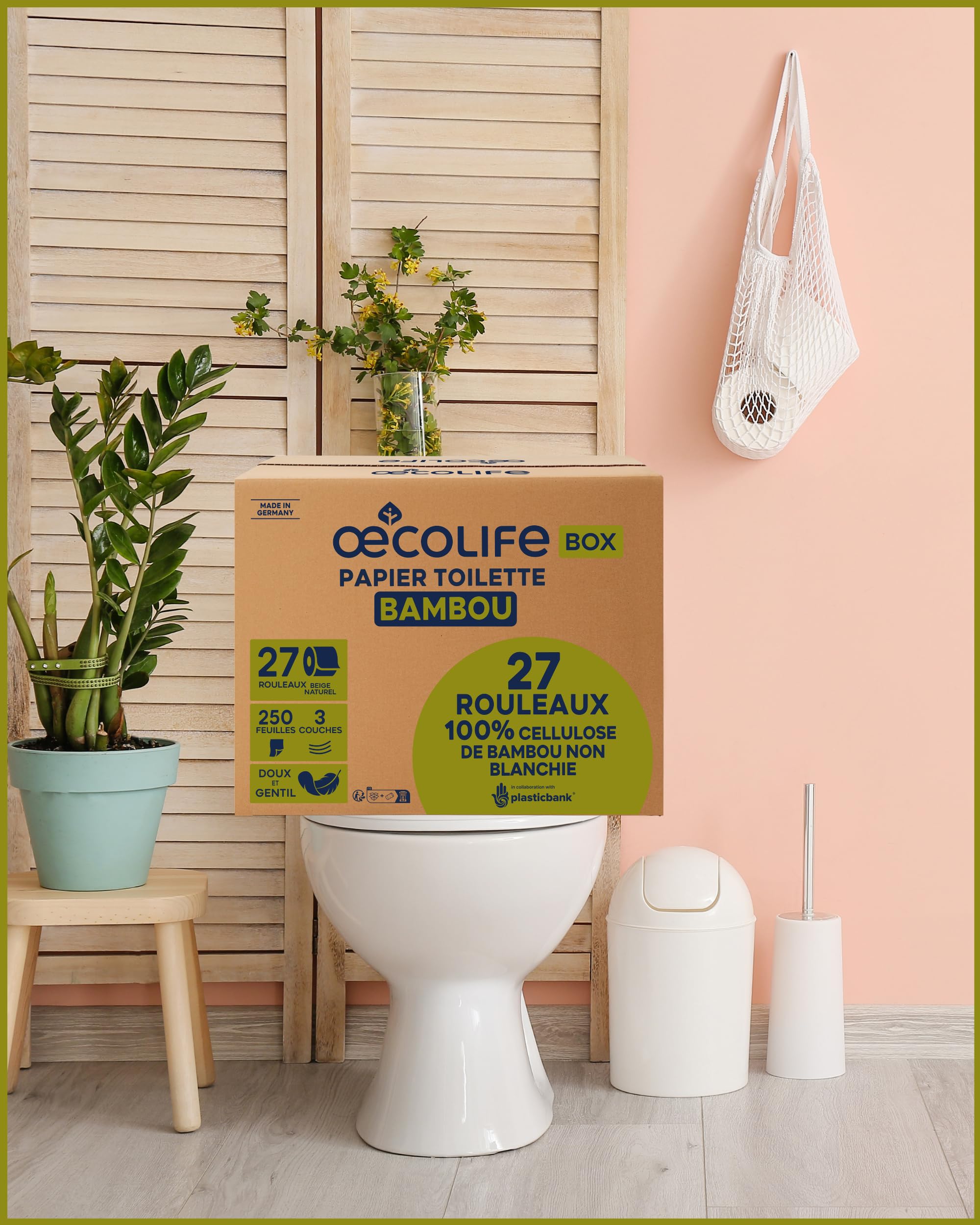 œcolife papier toilette bambou, 3 couches, 27 rouleaux x 250 feuilles, emballage en vrac, super doux, sans plastique, papier hygiénique, végétalien, papier toilette durable