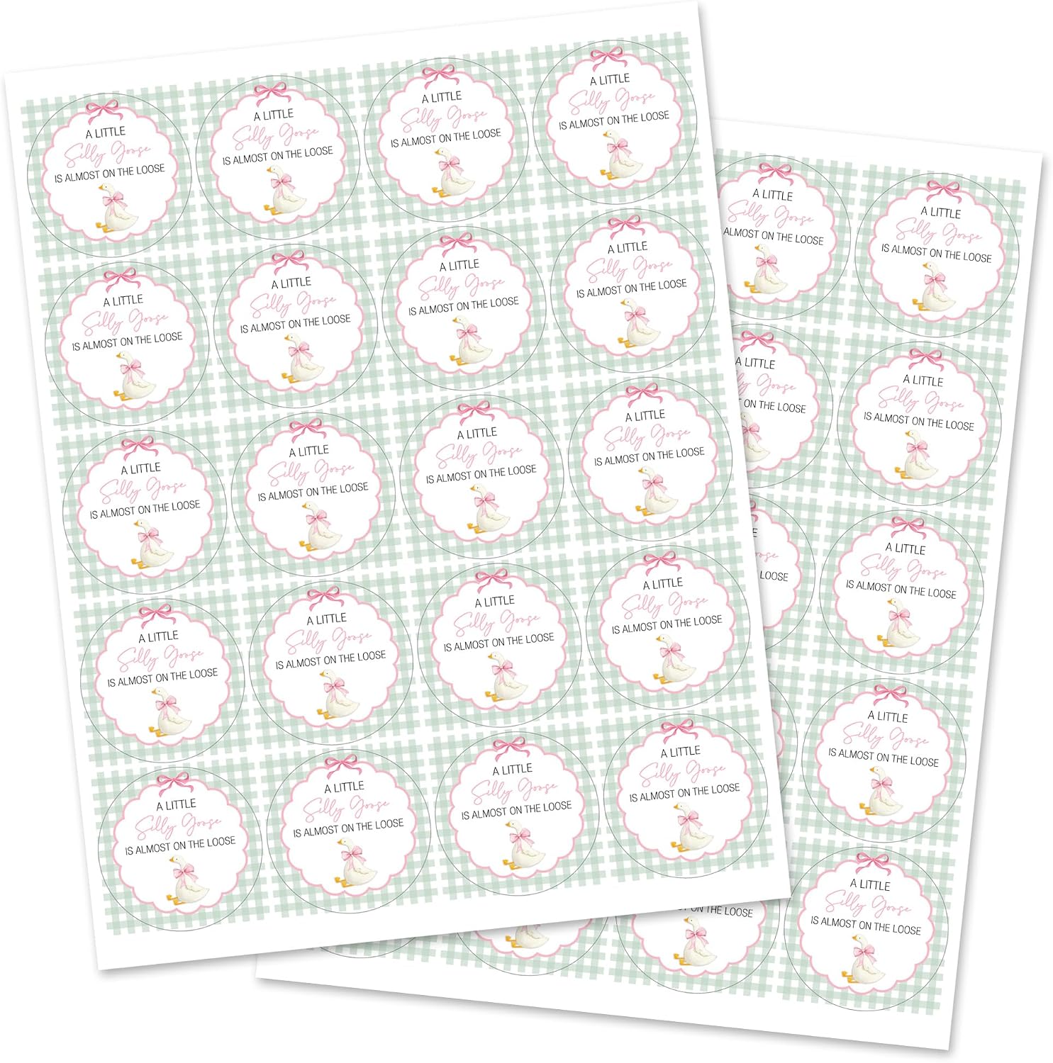 A Little Silly Goose is Almost on The Loose, Baby Shower Sticker, Gingham Pattern with Goose Theme, Round Label - Set of 40 (Pink)