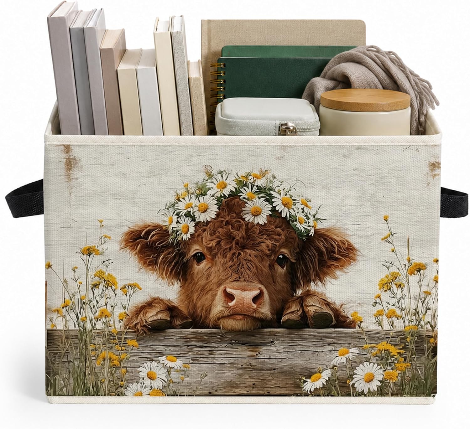 Rustic Highland Cow Storage Bins Box, Cottagecore Highland Cow Daisy Flower Collapsible Storage Basket Clothes Toys Books Organizer for Farmhouse Bedroom Laundry Room Home Decor
