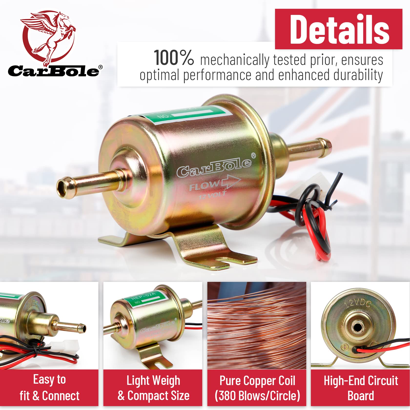 CarBole Brandstofpomp, 12 V, elektrische benzinepomp, metaal, 4-7 psi