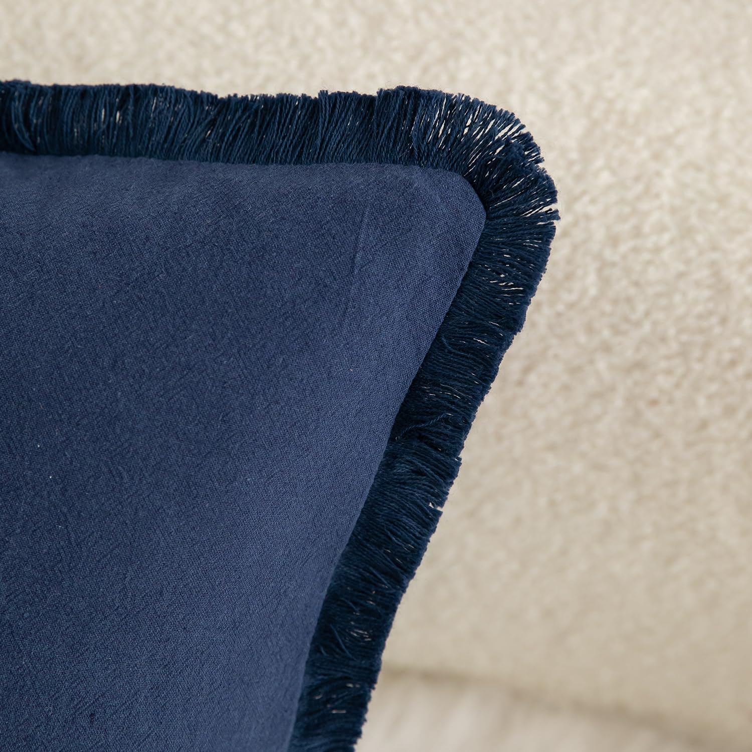 Mandioo Set of 2 Neutral Cotton Fringe Cushion Covers 55x55 cm 22x22 inch Decorative Boho Farmhouse Throw Pillowcase Cozy Tassels for Couch Sofa Bedroom Living Room Home Decor Navy Blue - Image 2