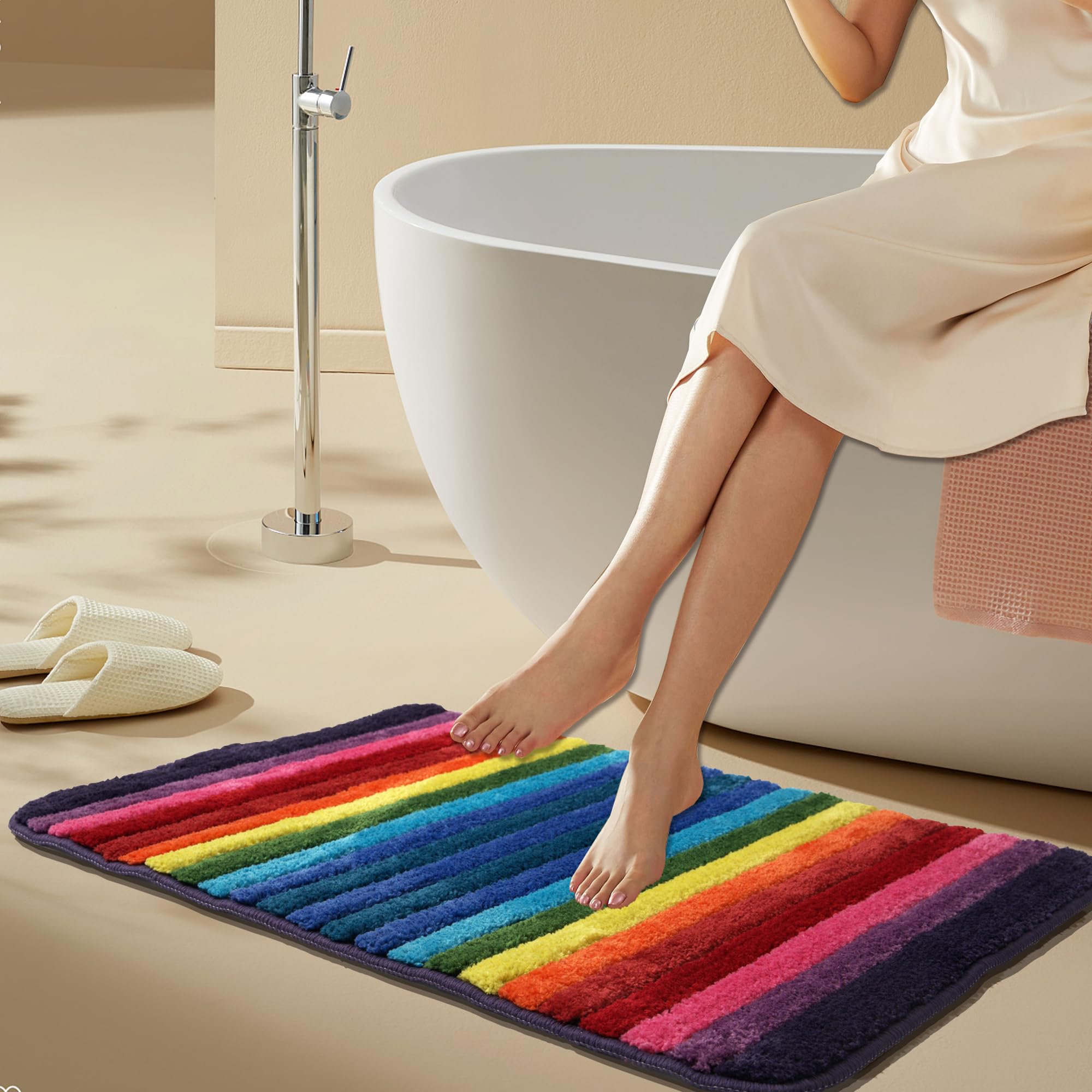 NIENLCIP Bathroom Rugs 50x 70cm Striped Rainbow Ultra Soft Bathroom Mats Absorbent Microfiber Bath Rugs
