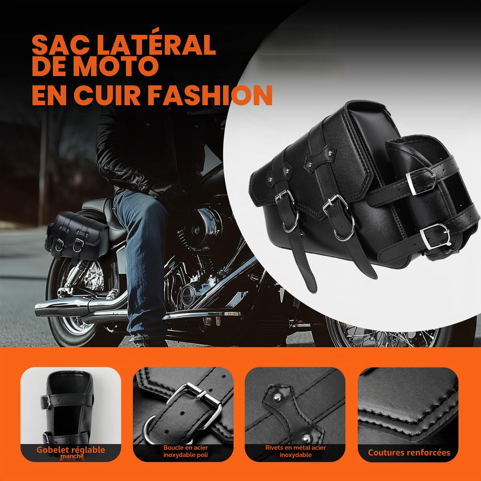DREAMIZER 1 Paire Sacoches de Moto Latérales de Rangement Noires Gauche Droite Porte-gobelet en Cuir PU Compatible avec Harley Sportster XL883 Honda Suzuki Yamaha