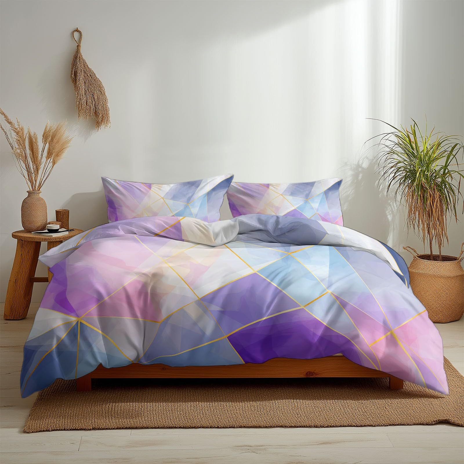 Komplet pościeli z mikrofibry, z zamkiem błyskawicznym, abstrakcyjny geometryczny wzór, wielokąt, lawendowo-szary, 155 x 220 cm, łatwy w pielęgnacji, hipoalergiczny