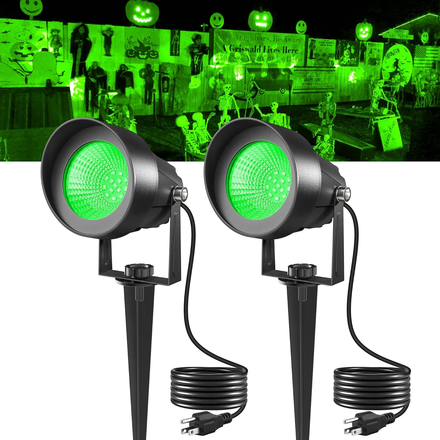 T-SUN Christmas Green Spotlight Outdoor, Waterproof LED Landscape Lighting with US Plug, Easy Install 270° Adjustable Outdoor Spot Lights for Garden Tree Yard Decor, 2 Pack Green 2 Pack