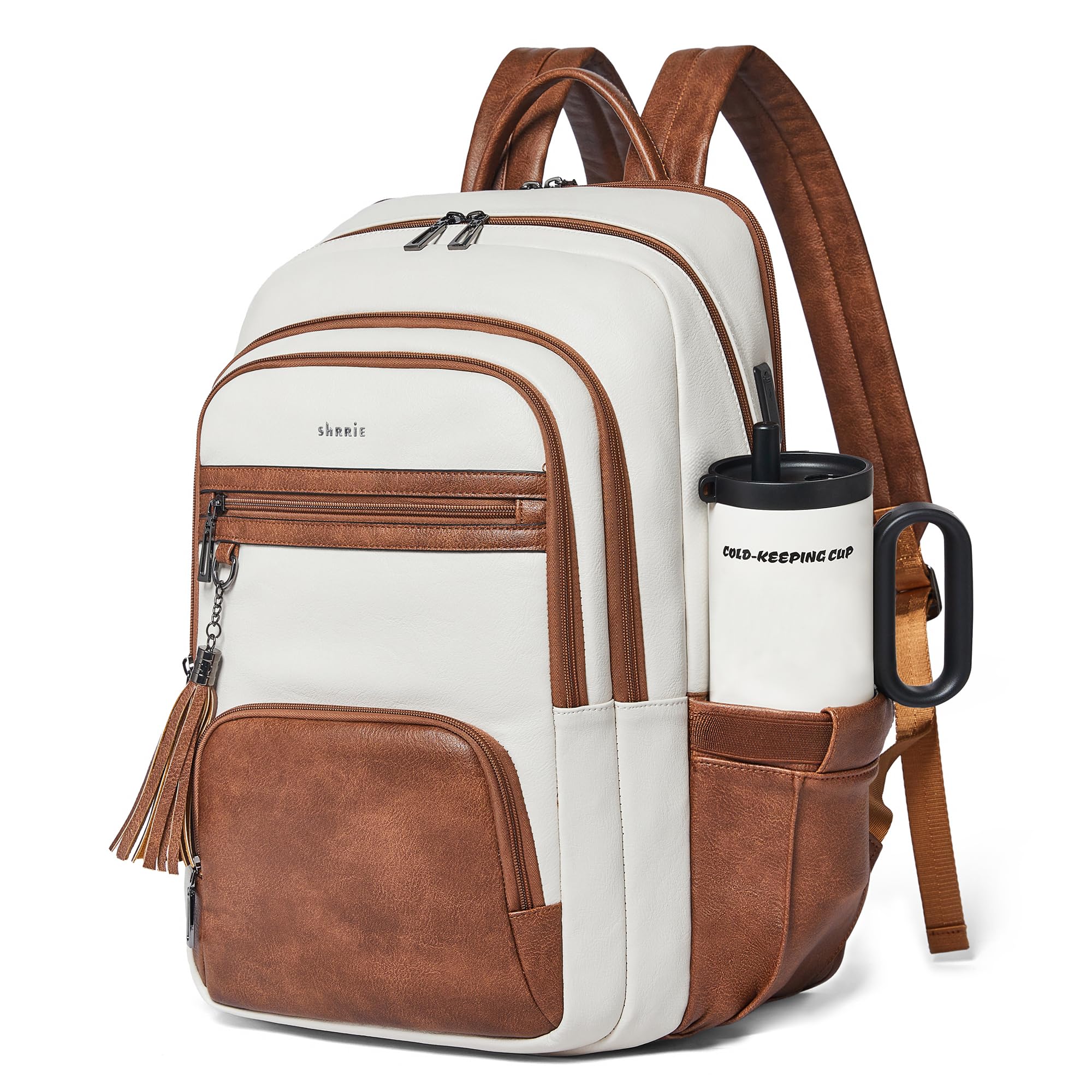 Shrrie 17 Zoll Laptop Rucksack für Frauen, Vegan Leder Rucksack Tasche, 28L Arbeit Business College Reise Computer Rucksäcke mit Tasche Tasche für große Kapazität Tasse & USB-Ladegerät