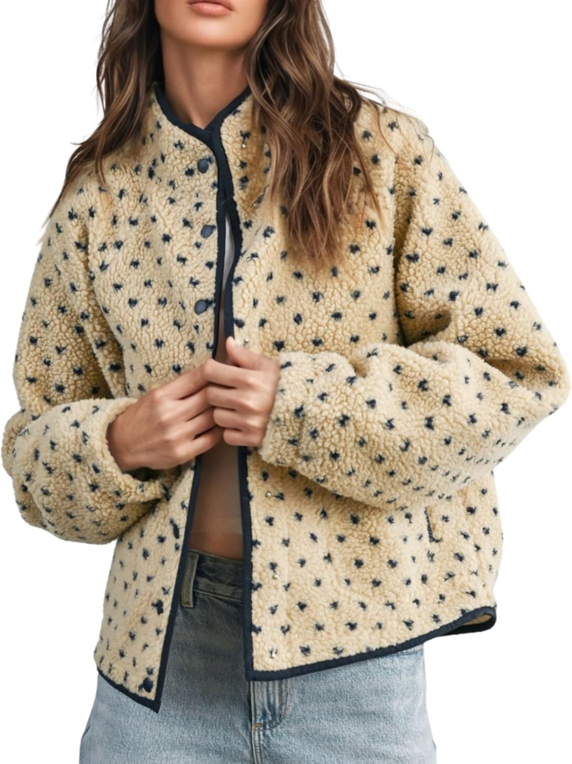 Women's Fleece Jacket Button Down Lapel Collar Sherpa Jackets Long Sleeve Contrast Quilted Outerwear