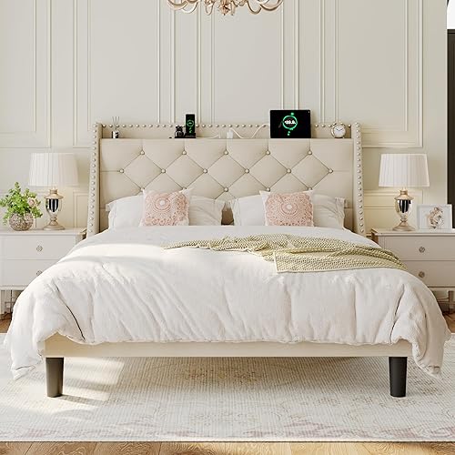 Miniatura 81 de Base de cama tamaño Queen con cabecero de almacenamiento capitoné con botones en la parte trasera y puertos tipo CA, plataforma tapizada, soporte de