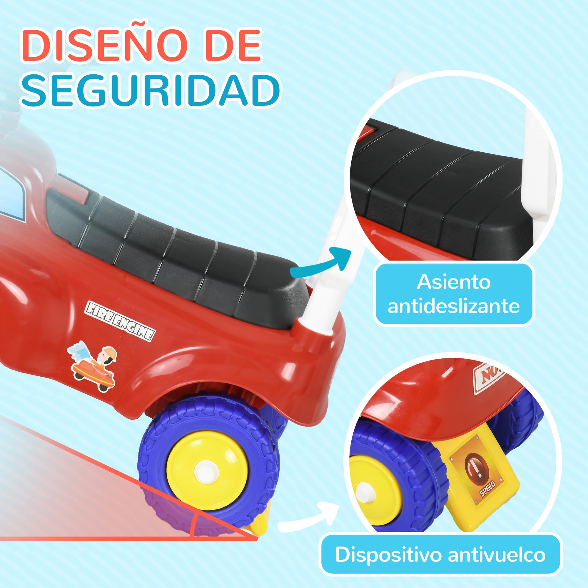 AIYAPLAY Coche Correpasillos para Niños de 18-36 Meses, Diseño de Camión de Bomberos, Correpasillos con 3 Luces, Música, Compartimento de Almacenaje y Volante, 49x24x42 cm, Rojo