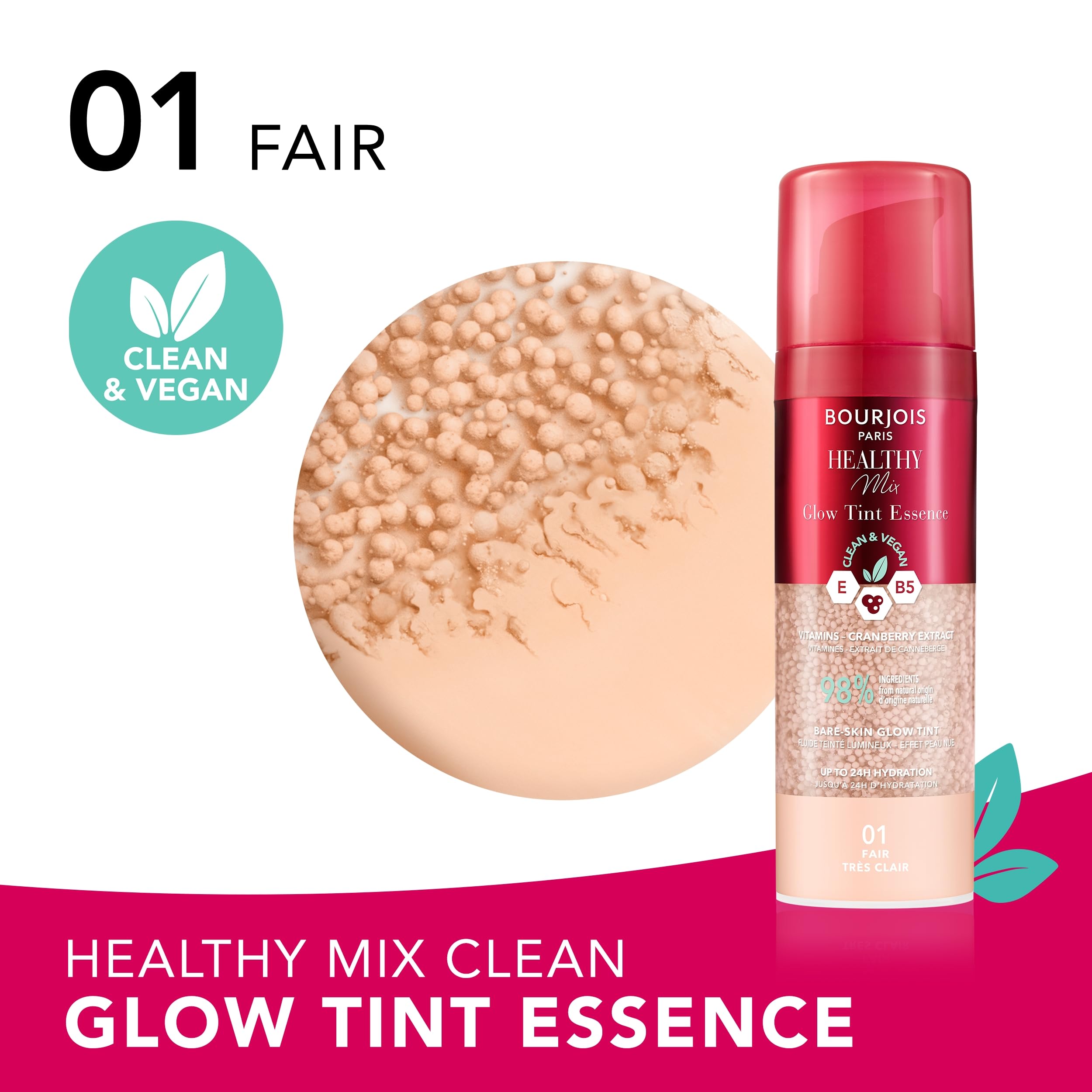 Bourjois Healthy Mix, 01 FAIR TRES CLAIR, Glow Tint Essence, Bare Skin Effect, Radiant Finish - Image 2