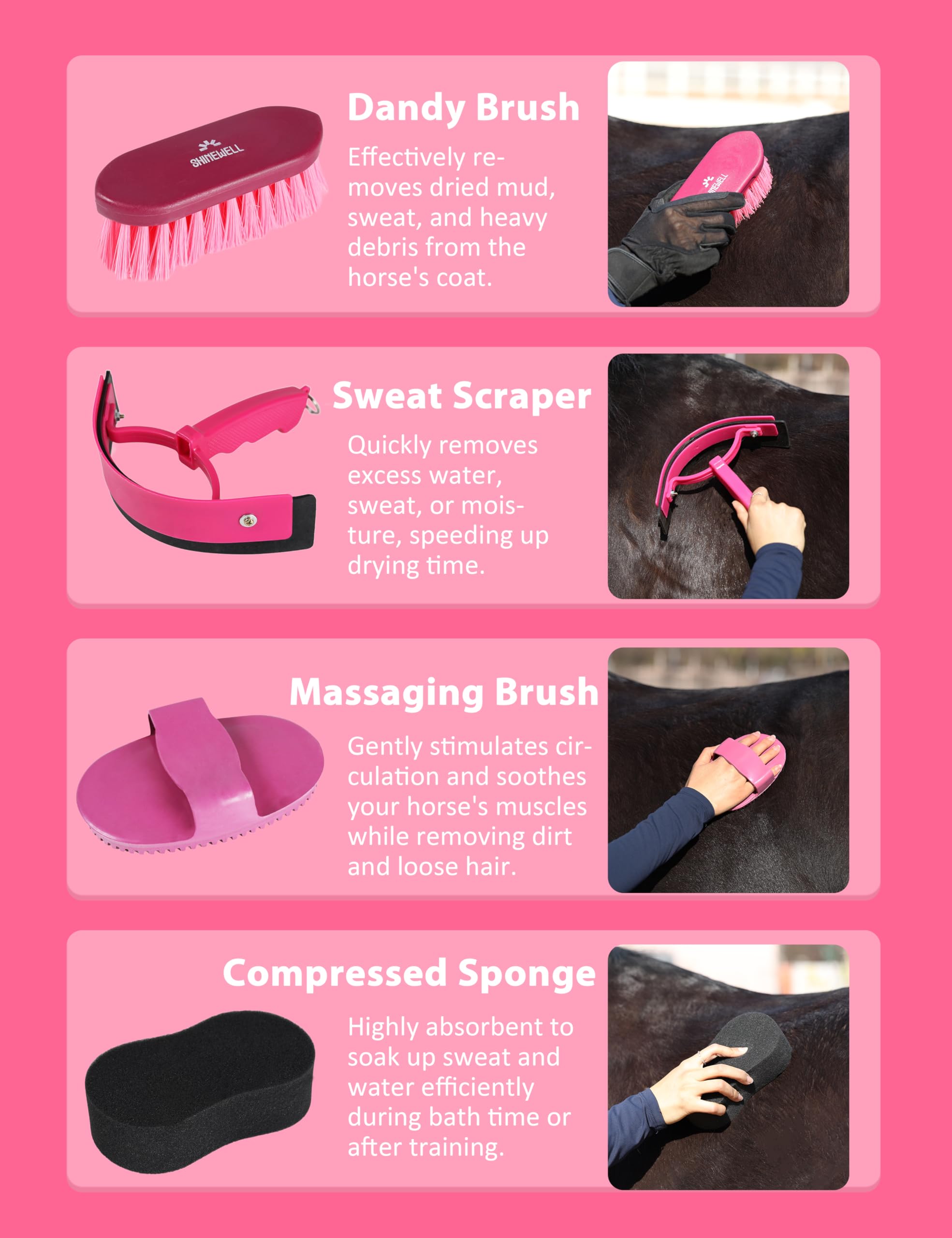Shinewell Horse Grooming Kit, Complete Horse Brush Set, Equine Grooming Tools for Shedding & Daily Care Pink - 3