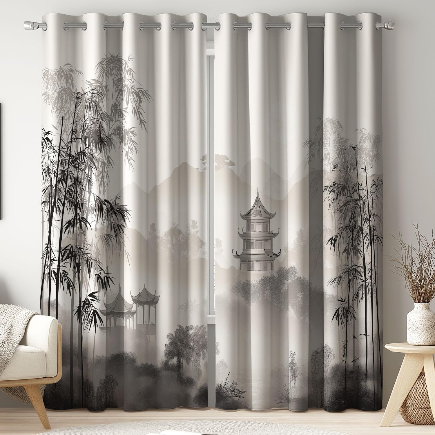Generisch Vorhänge Blickdicht 2er Set 245 x 175 cm - Knitterfrei Gardinen vorhänge Tuschemalerei Landschaft Berg Schwarz Extra Breit mit Geräuschminderung mit Ösen für Schlafzimmer und Wohnzimmer