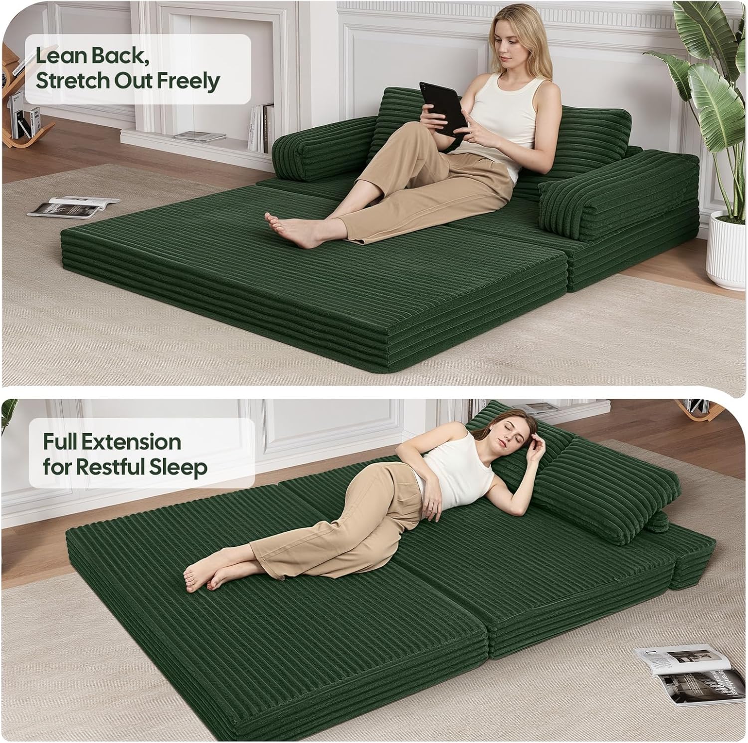MeMoreCool Convertible Sofa Bed, Folding Floor Couch Bed Queen, Pull Out Sleeper Couch with Pillows, Fold Out Futon Sofa for Bedroom Living Room Small Space, Corduroy Green