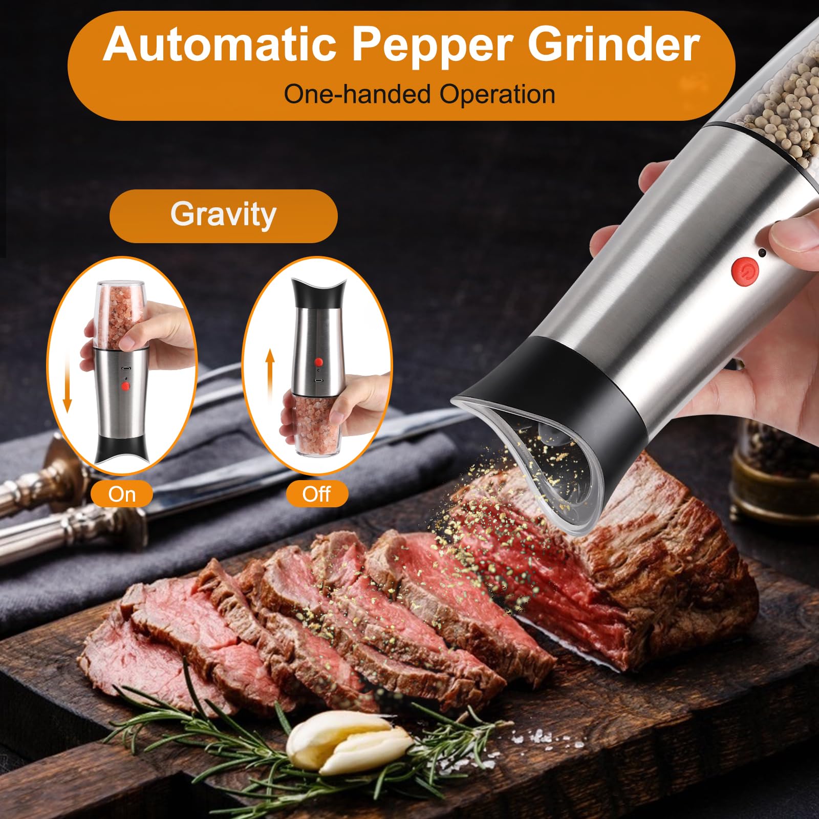 Elektryczny młynek do soli pieprzowej z akumulatorem: - Zestaw automatycznych młynków do pieprzu USB Gravity Salt, Regulowany shaker do pieprzu gruboziarnistego mielonego (srebro)