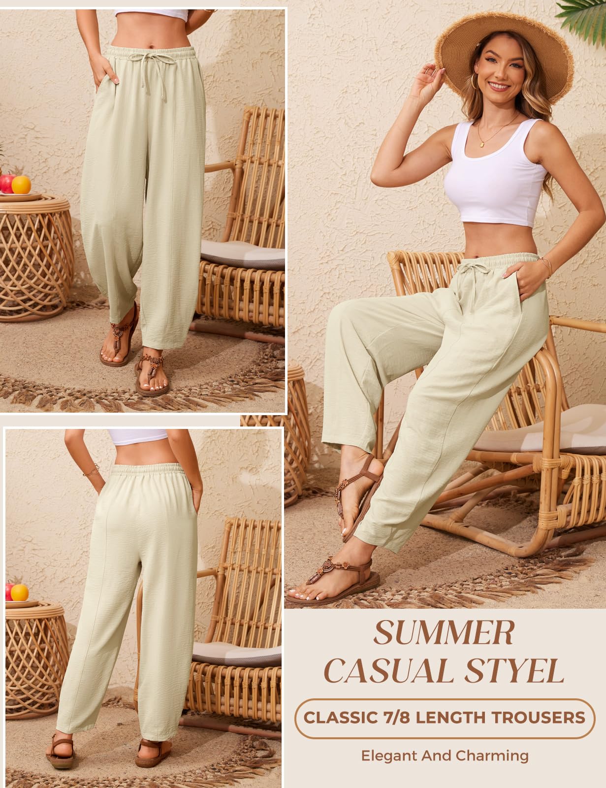 UMIPUBO Pantalones Mujer Verano 7/8 Pantalón Comodo Cintura Elástico Pantalon de Anchos Ligeros Moda para Trabajo Jogger con Bolsillos Frescos Deporte Causal Vacaciones