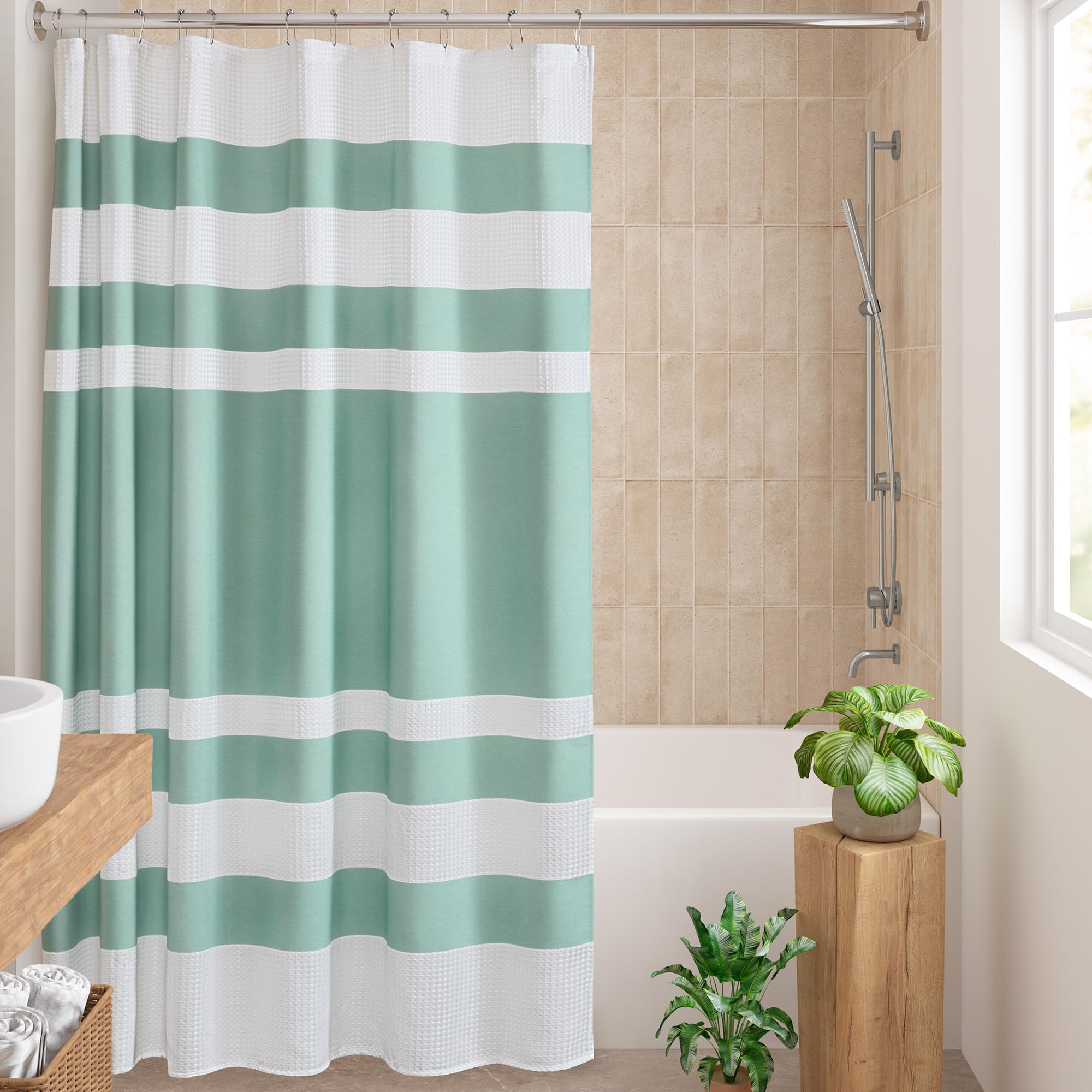 Madison Park Shower Curtain Waffle Weave Striped Pieced Design Fabric Shower Curtains for Bathroom with 3M Scotchgard Moisture Management Premium Spa Quality Modern Standard 72"x72" Aqua
