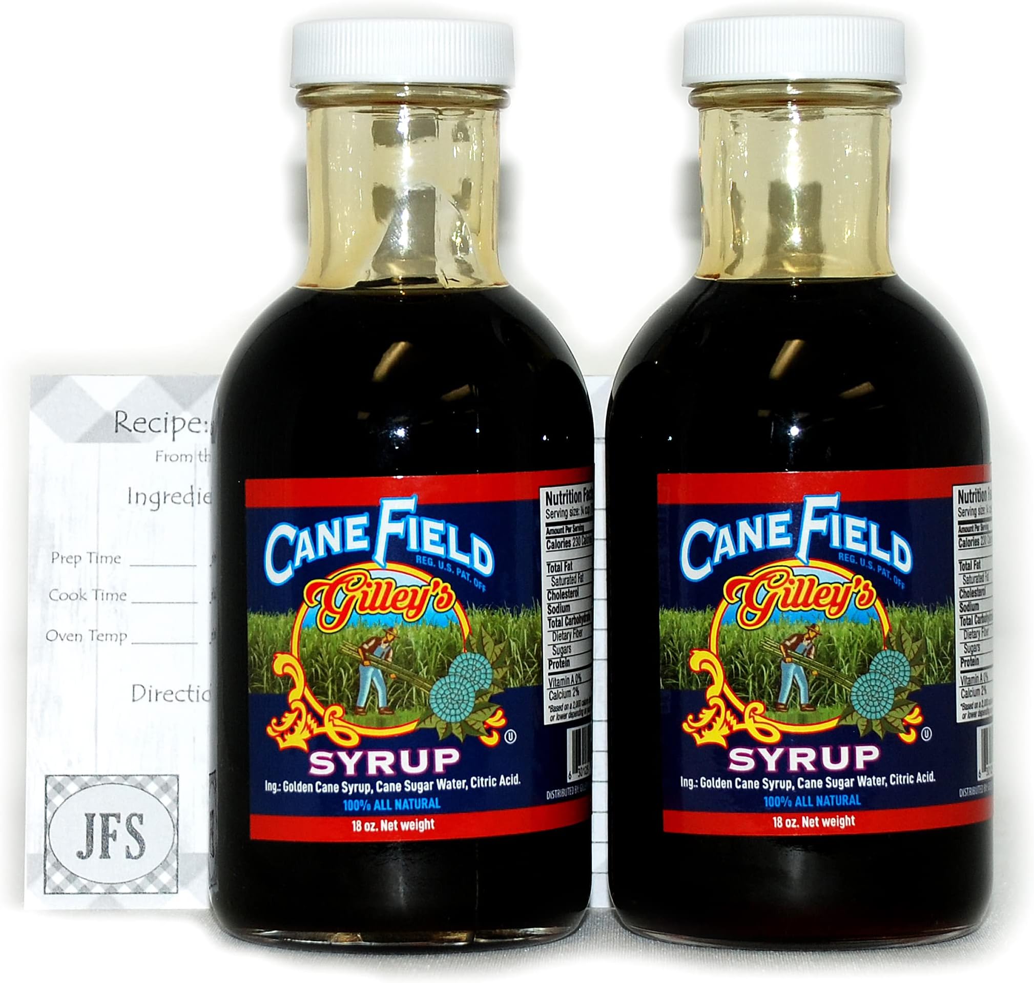 JFS Grocery Cane Field Syrup by Gilleys, 2-18 Ounce Bottles, 100% All Natural Cane Syrup Bundled with a JFS Recipe Card