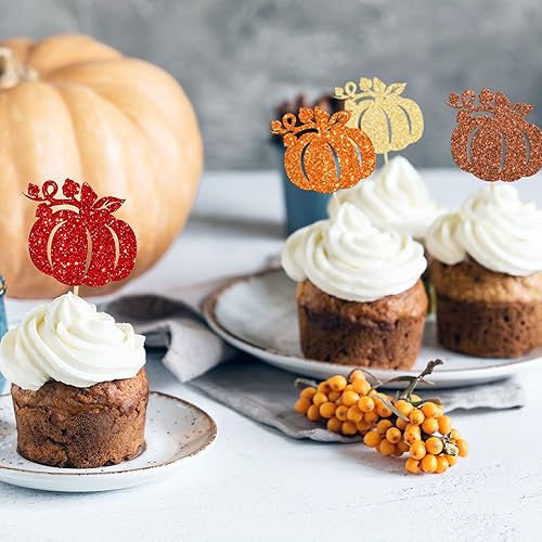 Miniatura 5 de Gyufise Paquete de 24 adornos azules con purpurina para cupcakes con hojas temáticas de otoño, decoración para baby shower, cumpleaños, Acción de