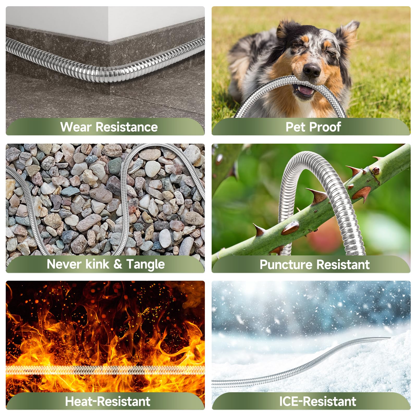 Manguera de jardín de metal de 50 pies, manguera de agua de acero inoxidable resistente con boquilla de 10 vías, flexible, ligera, duradera, sin torceduras ni enredos, manguera fuerte de latón