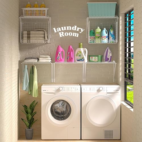 Miniatura 4 de Paquete de 2 estantes de lavandería montados en la pared con cestas de alambre, estante sobre la lavadora y secadora con estante de secado de ropa,