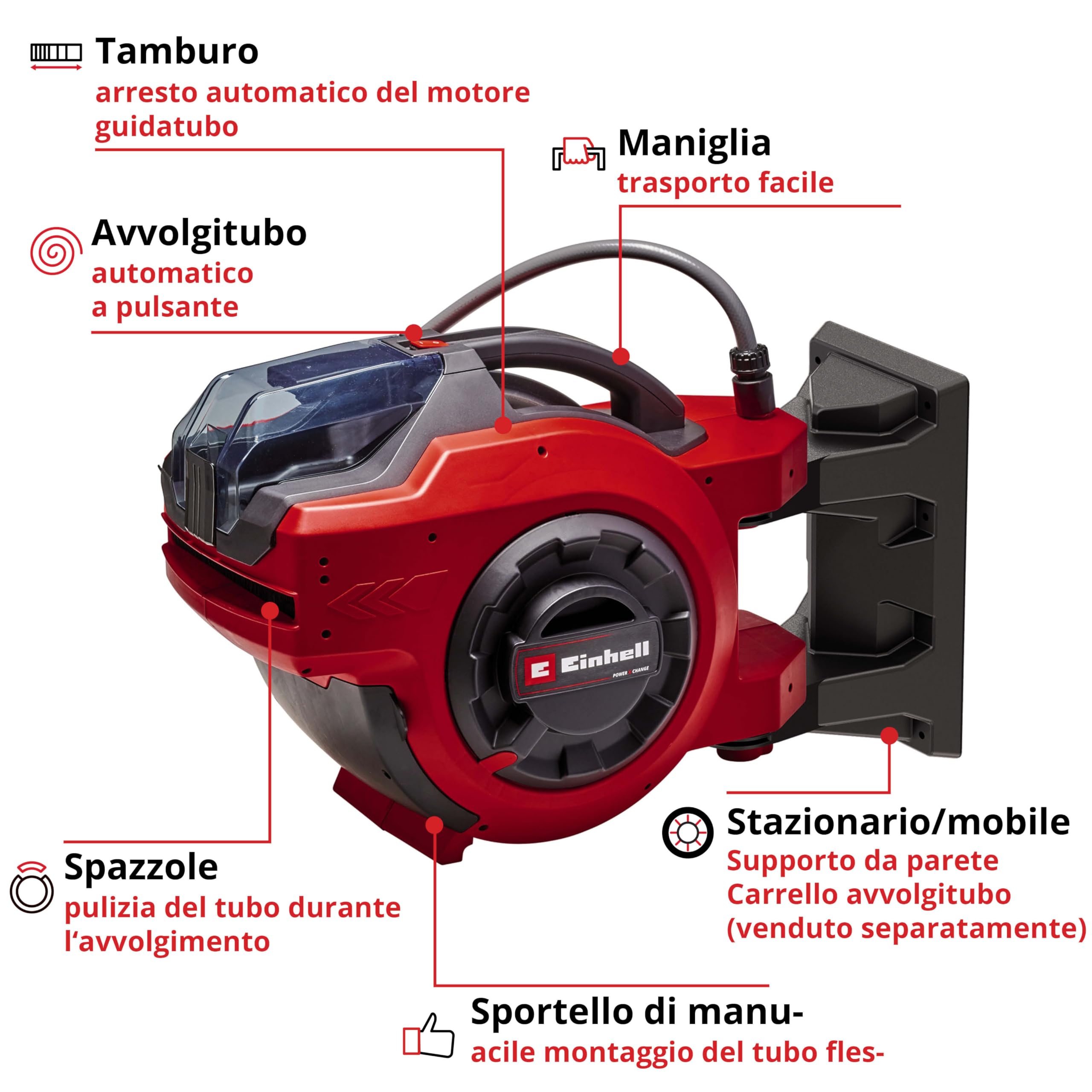 Einhell Tamburo avvolgitubo a batteria GE-HR 18/30 WH Li-Solo (18 V, avvolgitubo automatico, orientabile a 180°, supporto a parete, tubo di collegamento da 1,5 m, senza batteria e senza tubo)