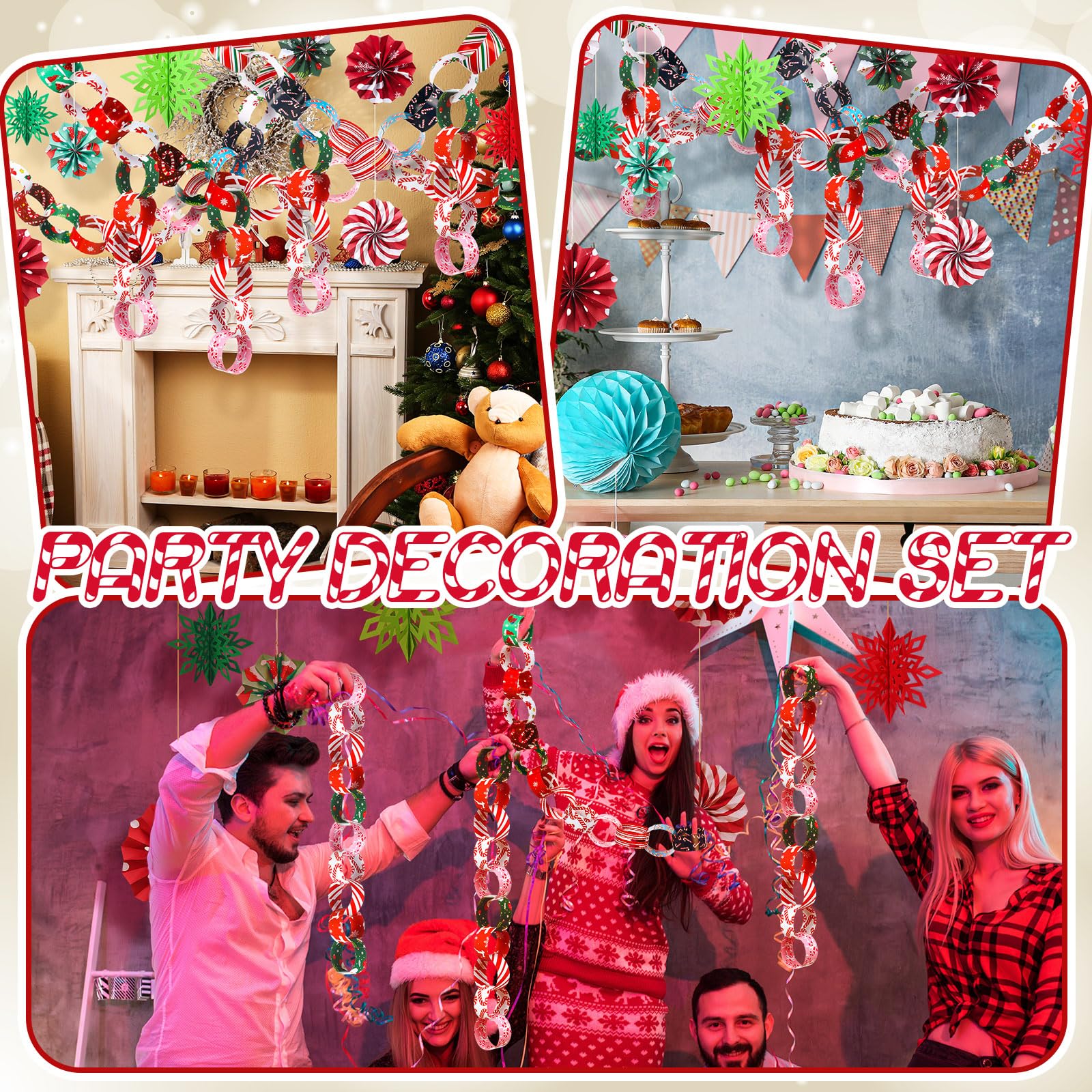 Yexiya 612 Stück Weihnachtsfeier-Dekorationen, einschließlich 600 Blatt Zuckerstangen, Papierkettenstreifen mit 6 Stück 3D-Papier-Schneeflocke, 6 Fächer, festliches Bastelzubehör für Weihnachten