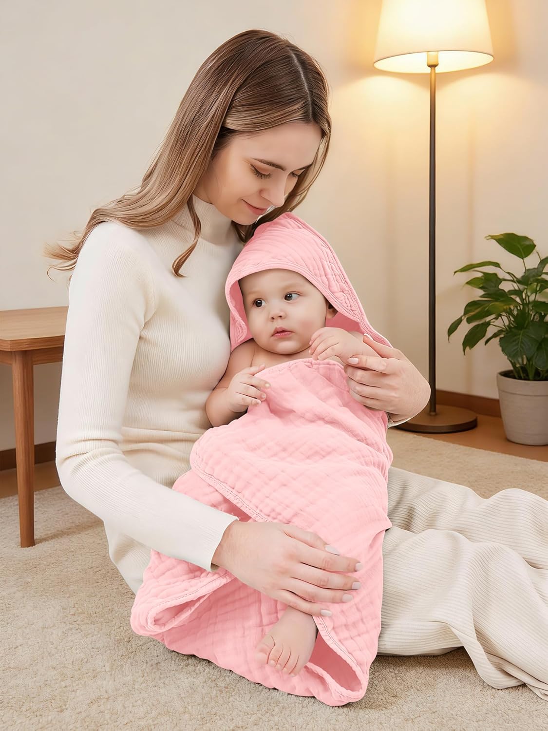 Muslin Hooded Baby Bath Towels - 3 Pack 100% Cotton Ultra-Soft Towels for Newborns, Infants, Toddlers - 32x32 Inch - Highly Absorbent, Quick-Dry Essentials for Bath Time, Beach, Pool, Pink Series - Image 3