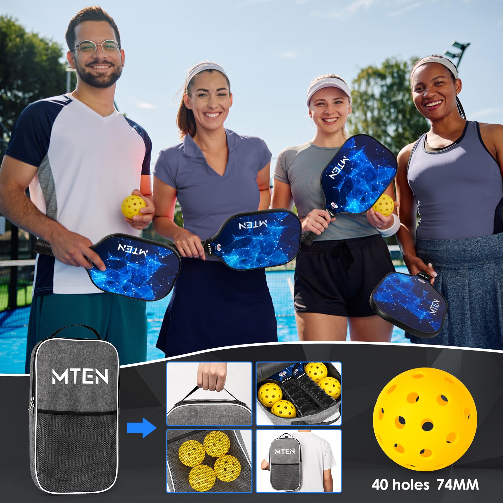 MTEN Pickleball Paddles, USAPA Approved Fiberglass Surface Pickleball Set of 4 Pickleball Rackets, Pickle Ball Paddle Set ​for Beginners & Pros