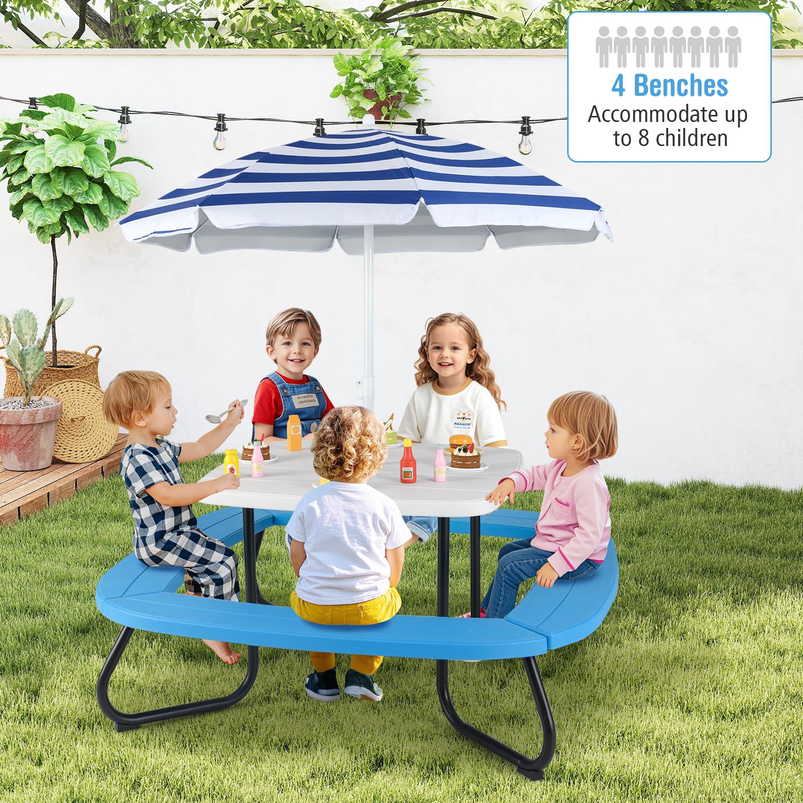 KOTEK 8-Person Kids Picnic Table, Toddler Activity Table with Removable Umbrella, 4 Built-in Benches, HDPE Top & Metal Frame, Kids Outdoor Table for Patio Garden Backyard (White+Blue)