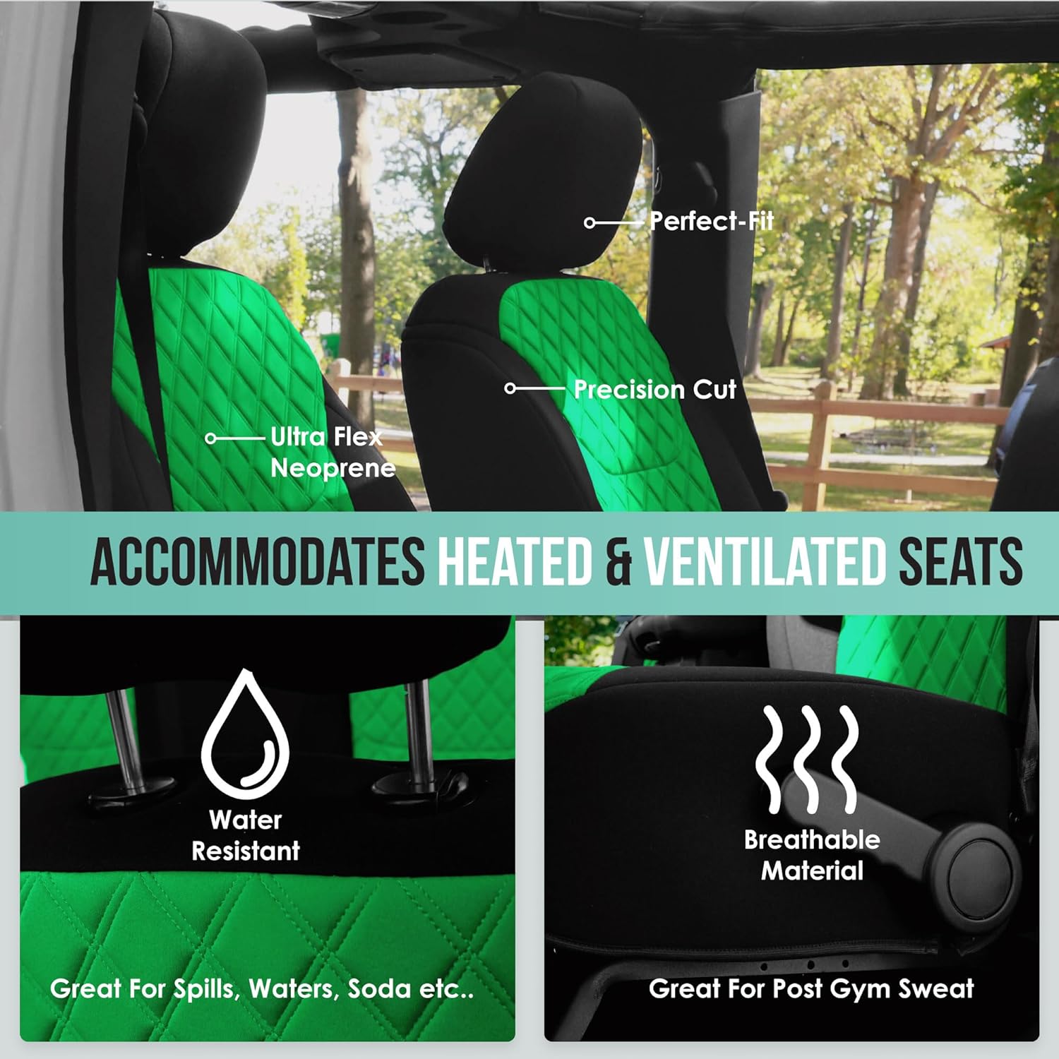 FH Group Custom Fit Car Seat Covers for 2007-2017 Jeep Wrangler JK 4DR and 2DR | 2nd Row | Ultraflex Neoprene Water Resistant Automotive Seat Covers - Front Set Green