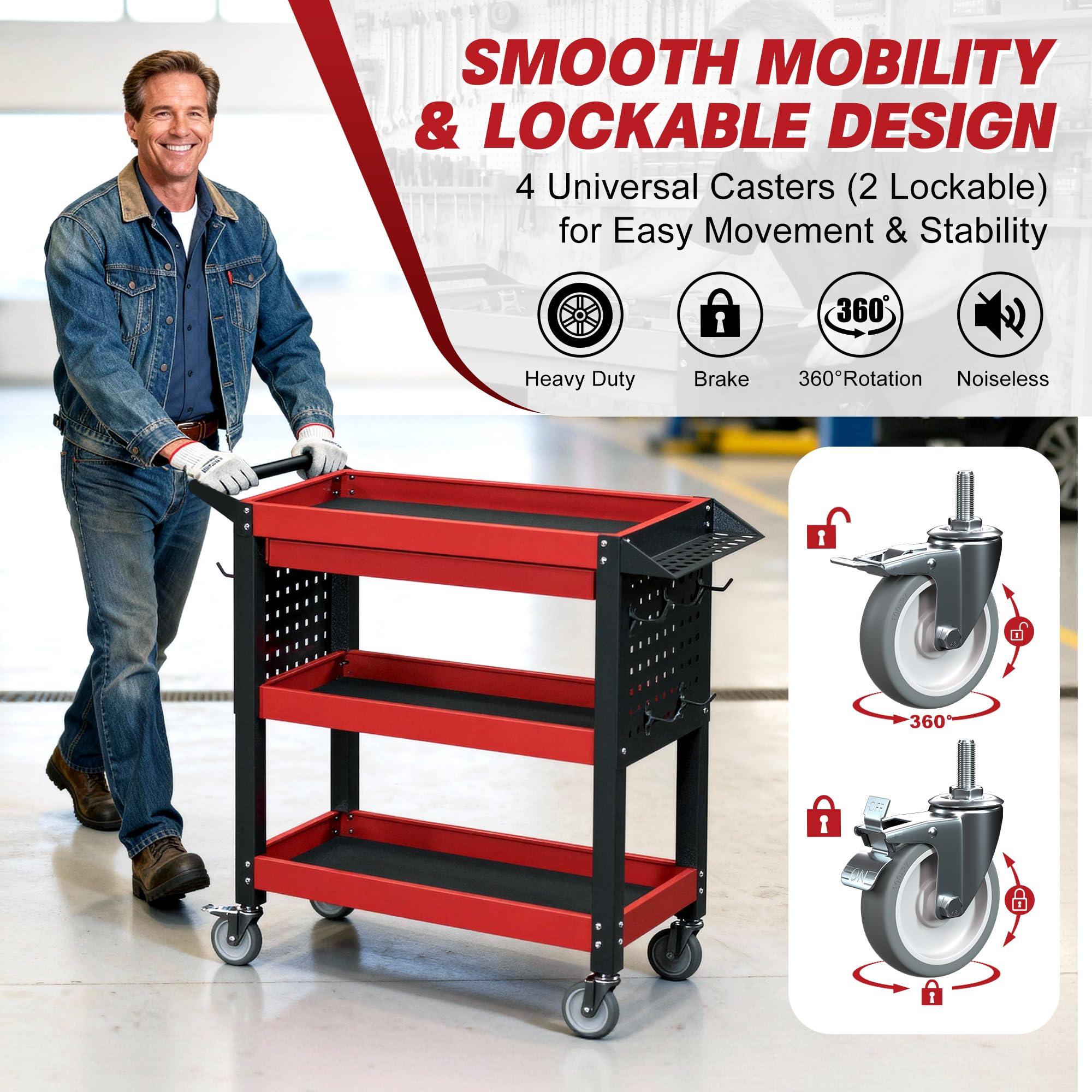 Heavy Duty Rolling Tool Cart - 3 Tier Storage -4