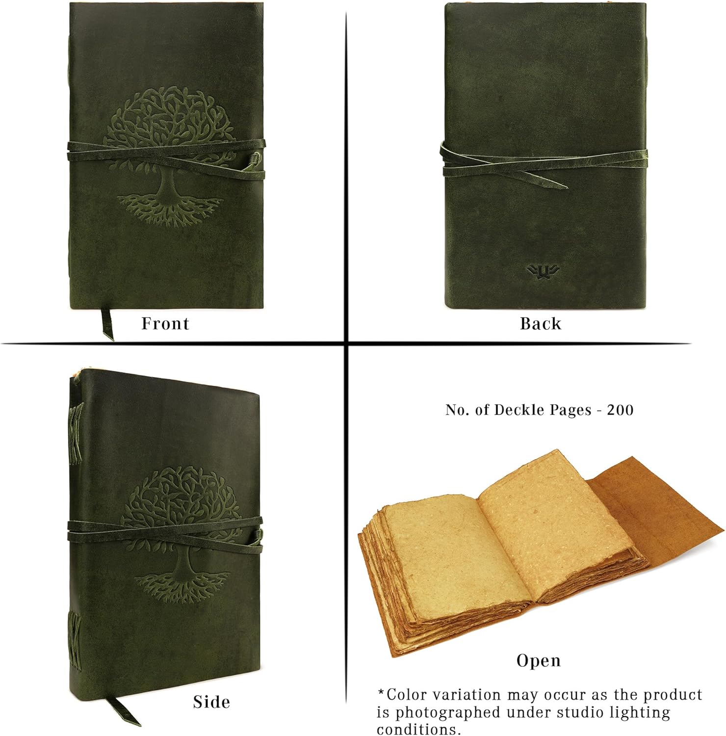 Tree Of Life Leather Journal for Women and Men, Handcrafted Leather Journal for Writing Womens, Sketchbook, Travel Diary with Unlined Deckle Paper, Dark Green 8x13