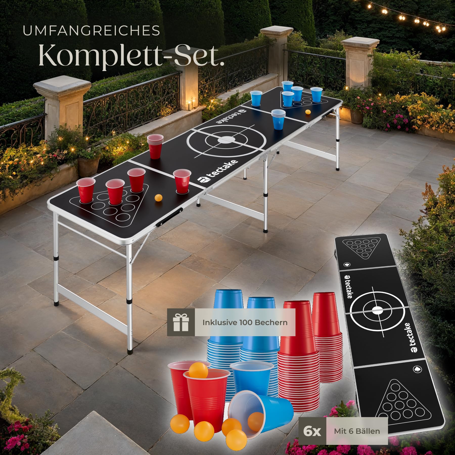 tectake® Bierpong Tisch, Beer Pong Tisch, inkl. 100 Becher (50 rot & 50 blau) und 6 Bälle, höhenverstellbar, Tisch klappbar mit Tragegriffen, Partyspiele für Erwachsene, Trinkspiel, Beer Pong
