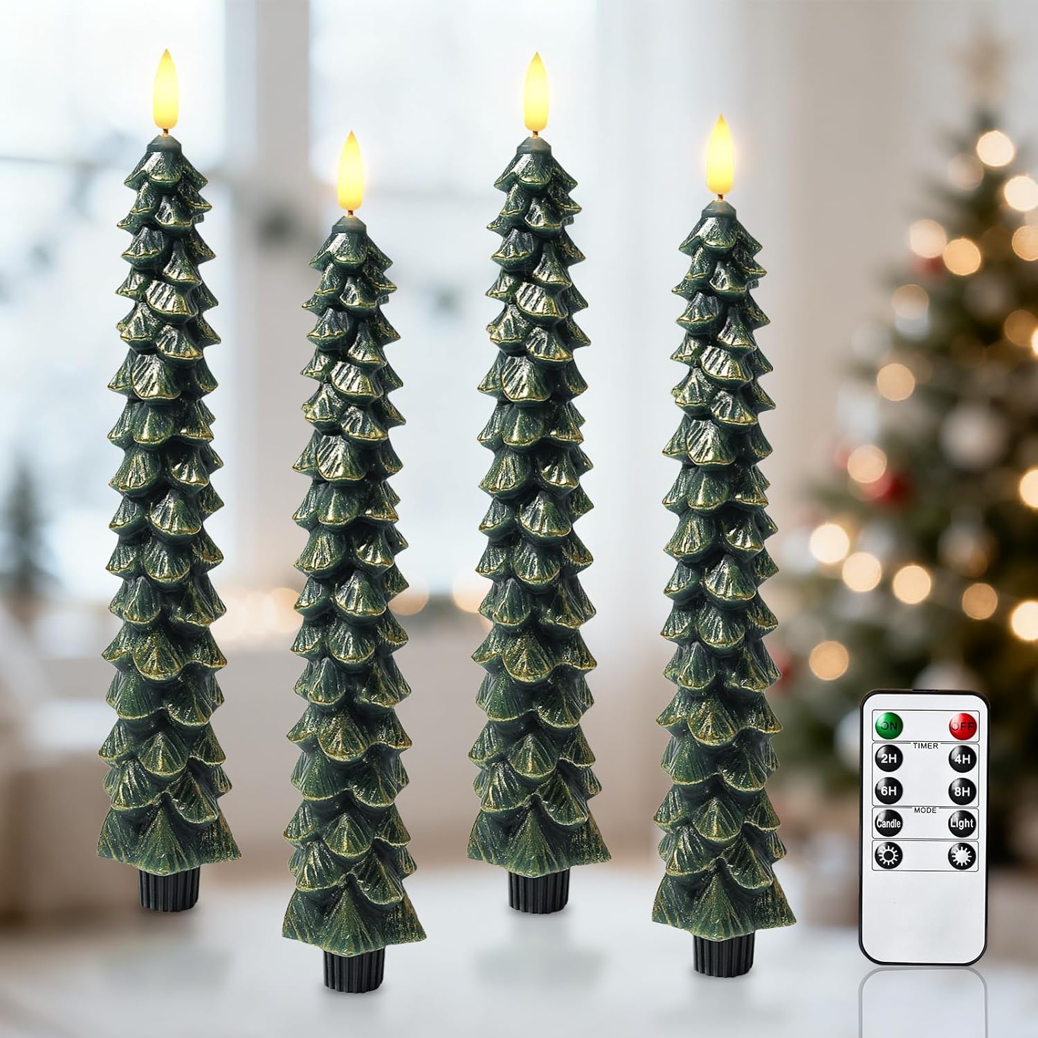 Christmas Decorations Indoor, Christmas Decor-Christmas Tree Taper Flameless Candles Battery Operated with Remote Timer, Xmas Candlestick Home Table Mantel Room Decor, 4 Pack(Green&Gold) Large, 11.4" 4PC-Green&gold