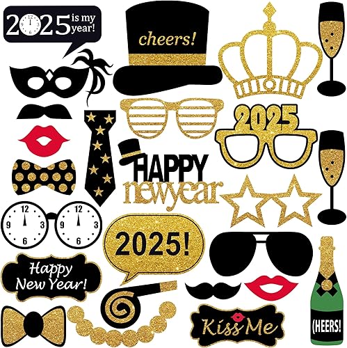 KatchOn, Accesorios para cabina de fotos de Nochevieja 2025 – Paquete de 24, recuerdos de fiesta con purpurina 2025 | Accesorios para cabina de