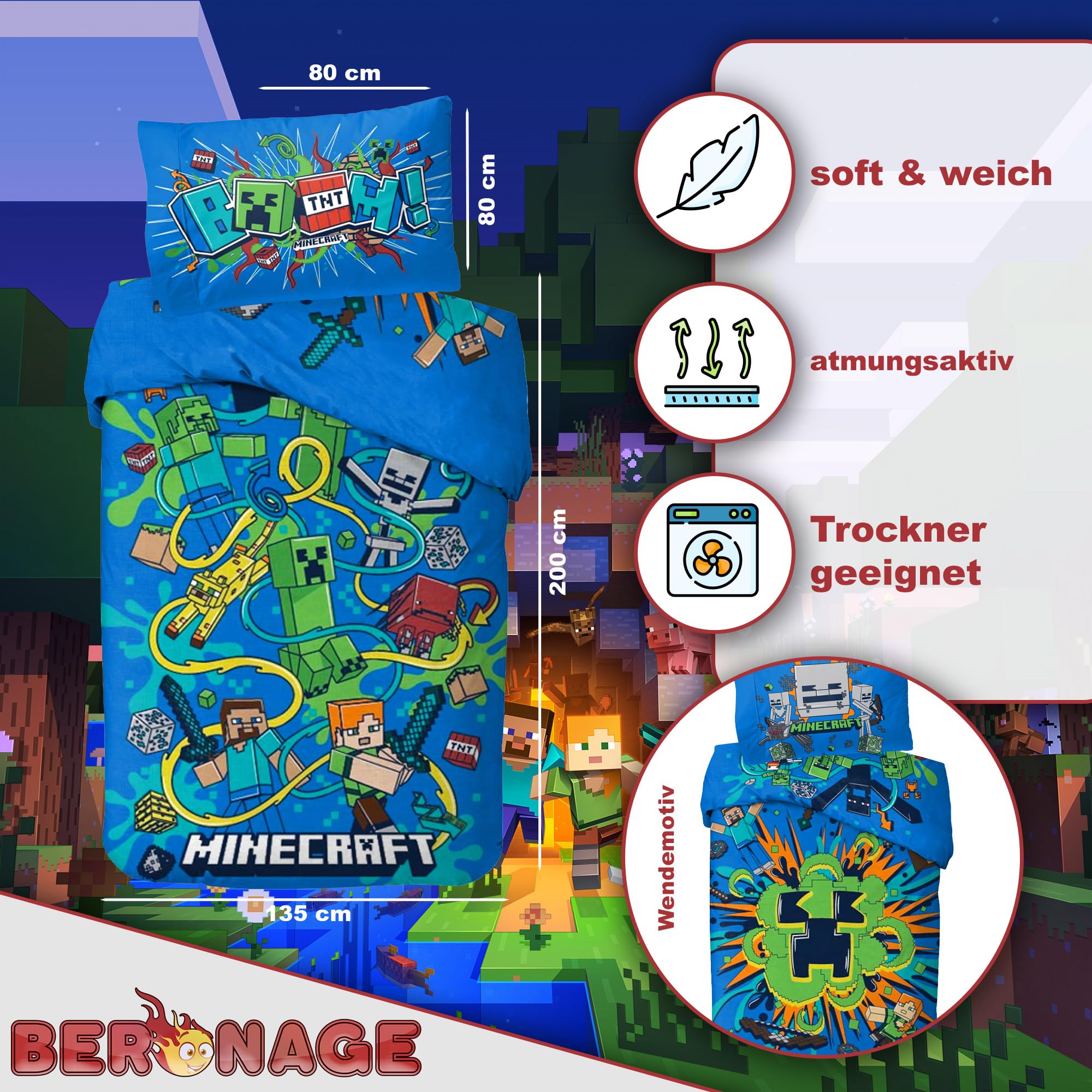 Minecraft Bettwäsche Slurp/Blast 135x200 cm + 80x80 cm 100% Baumwolle Biber Flanell Wendemotiv weich warm Winter Kinderbettwäsche Creeper Steve Alex YKK Reißverschluss Geschenk