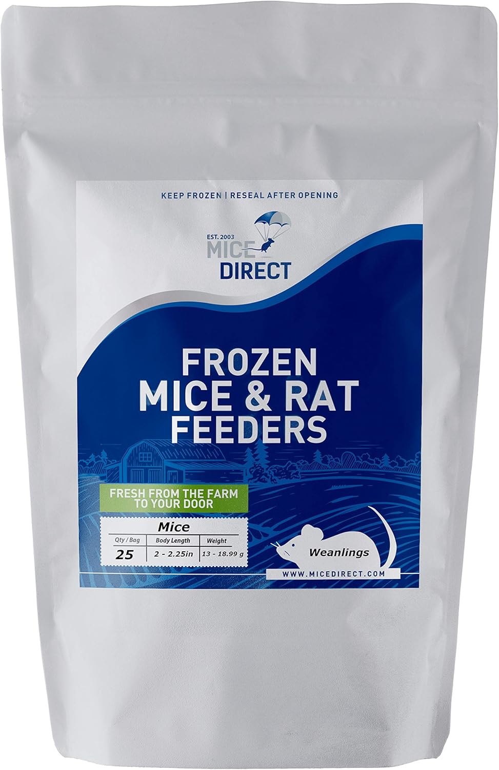 MiceDirect EST. 2003 25 Frozen Mice Weanling Feeders Snake Food for Juvenile Red Tail Boas Ball Python Adult Milk Snakes Corn Sand Boa (2-2.5 in) (325 Grams Min)