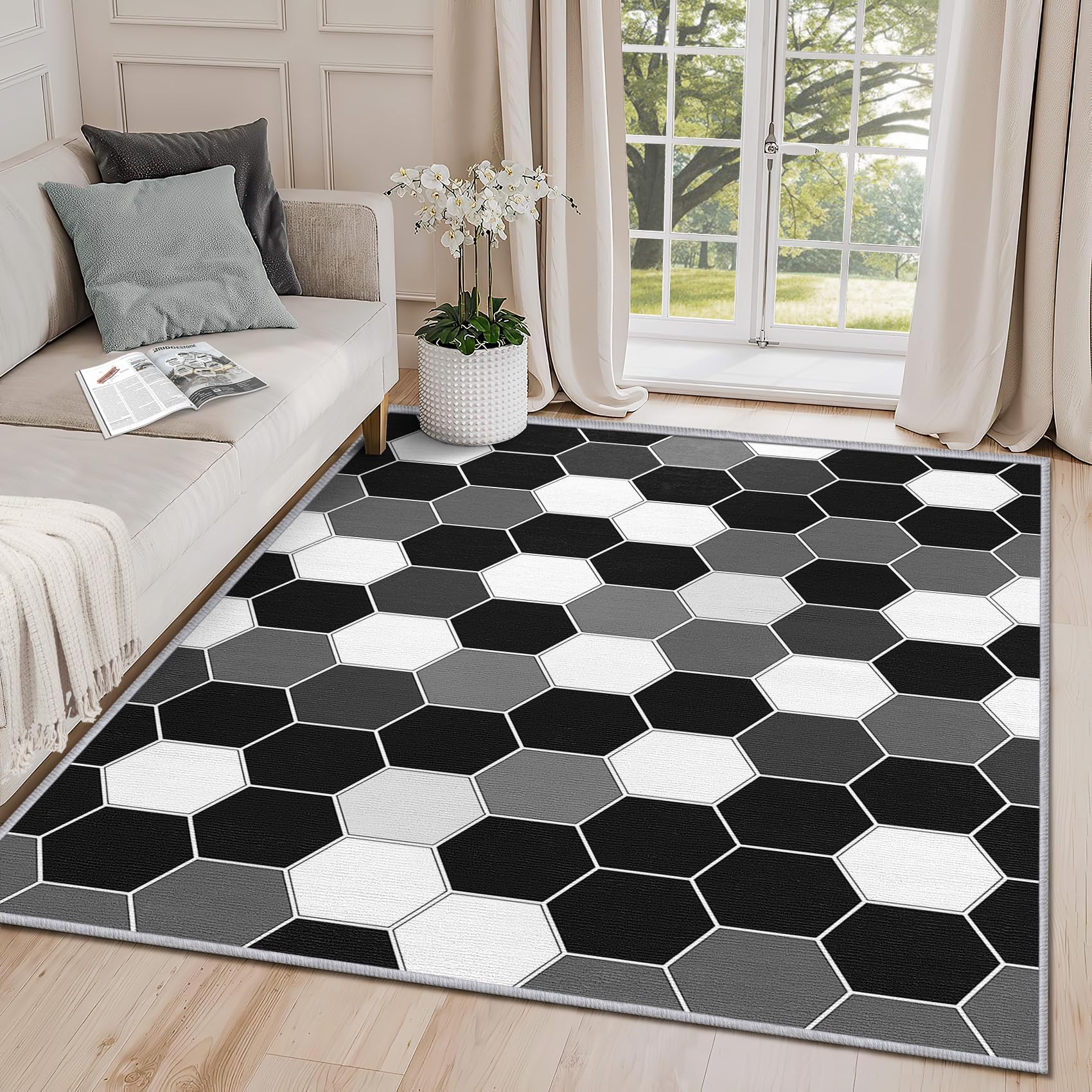 Clofmor Geometric Rug for Bedroom - Black and White Honeycomb Hexagon Rugs Living Room Non Slip Washable Low Pile Carpet Home Decoration, 80x150cm, Modern