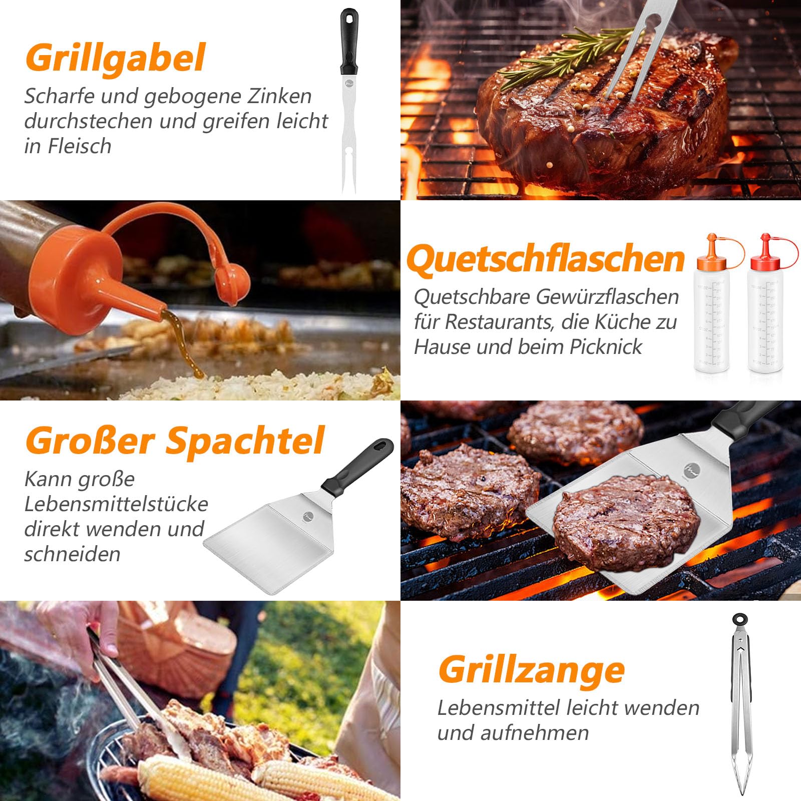 16 Piezas Conjunto de Espátula para Barbacoa, Juego de Barbacoa de Espatula Plancha de Acero Inoxidable, Herramientas de Espátula para Grill, con Cepillo, Botella y Bolsa de Almacenamiento