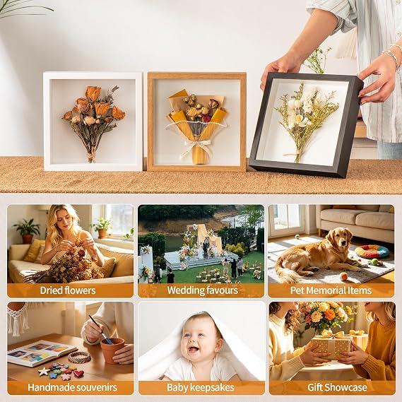 8x8 Inch Shadow Box Frame with Real Glass Panel & Soft Linen Back