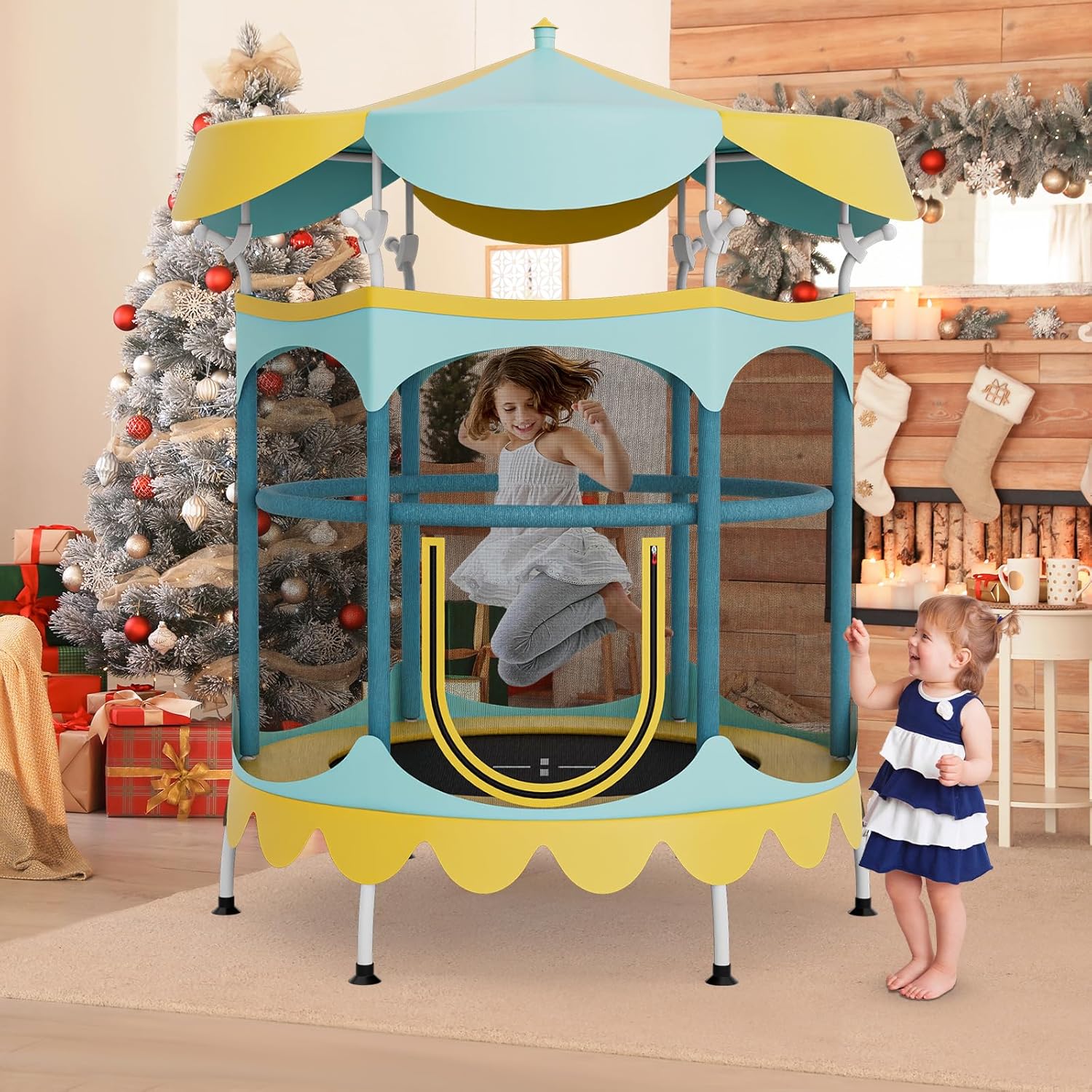 GYMAX Toddler Trampoline, 64” Trampoline for Kids with Removable Canopy, All Round Enclosure Net & Handrail, ASTM Approved Indoor & Outdoor Mini Trampoline, Birthday for Boys Girls