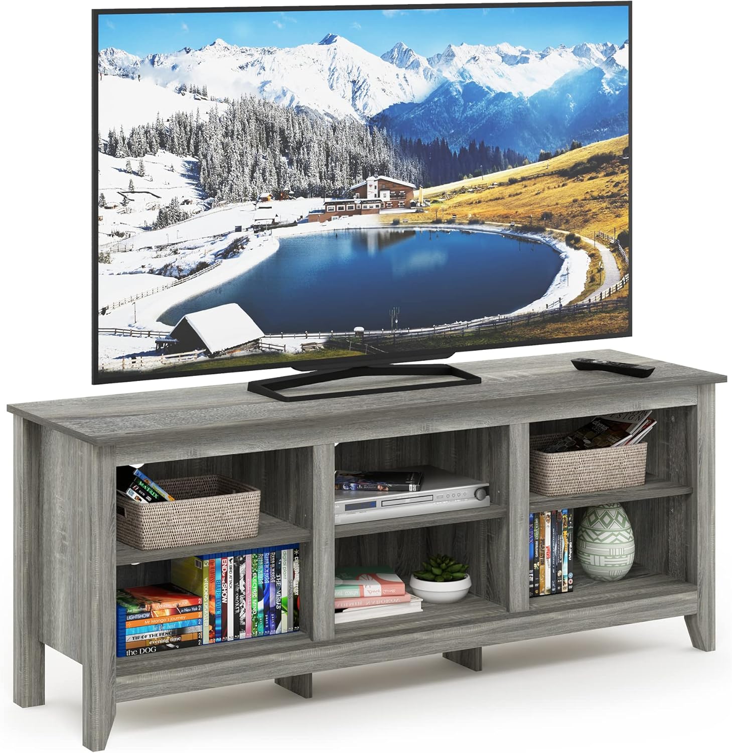 Furinno Jensen TV Stand, TV Entertainment Center with 6 Cube Shelves, TV Console, for TV up to 60 Inch, for Living Room, Bedroom, Grey Oak
