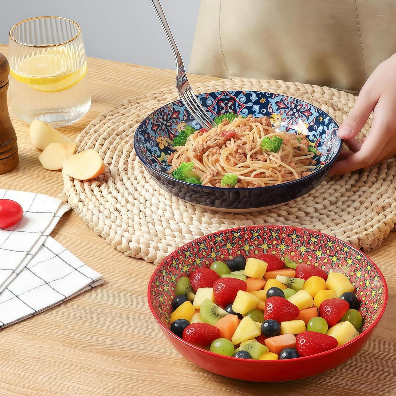 4-Piece Bohemian Style Ceramic Bowls - 10-inch baking dishes, 68 oz capacity, suitable for side dishes, condiments, soy sauce, etc. Safe for use in microwave and oven.