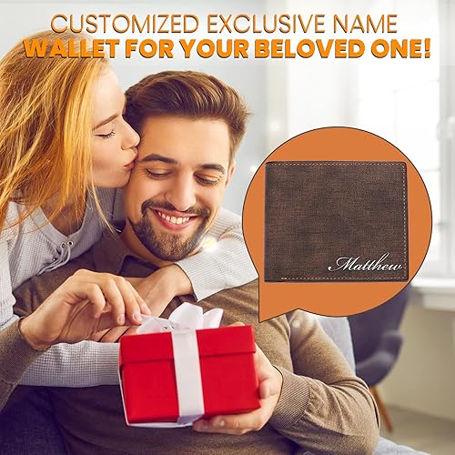 Miniatura 6 de SOUFEEL Billetera personalizada para hombre, con nombre grabado personalizado, de piel, doble pliegue, delgada, regalo personalizado para él, papá,