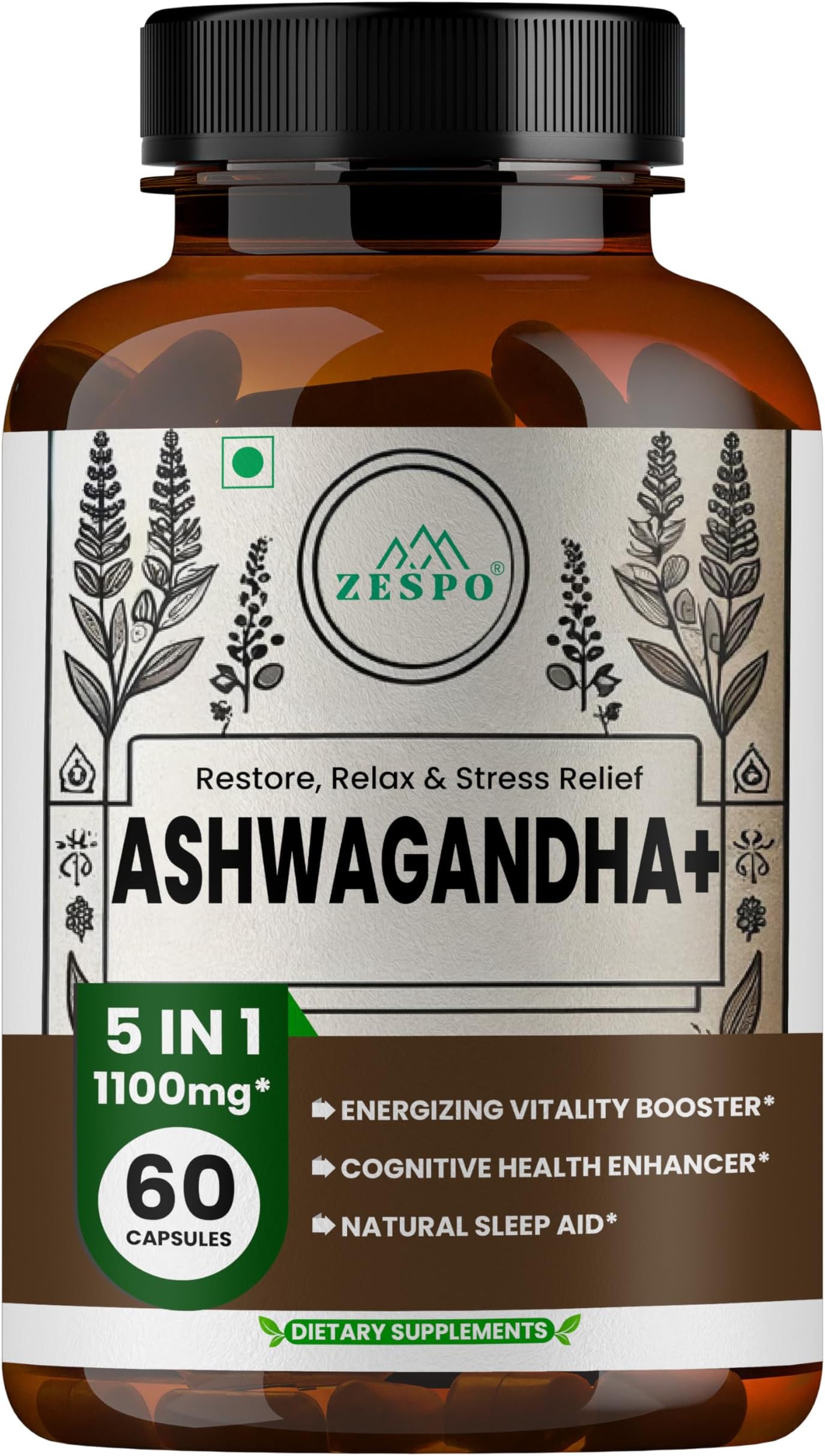 ZESPO Ashwagandha + 1100mg - Herbal Supplement for Stress Relief, Energy & Co...