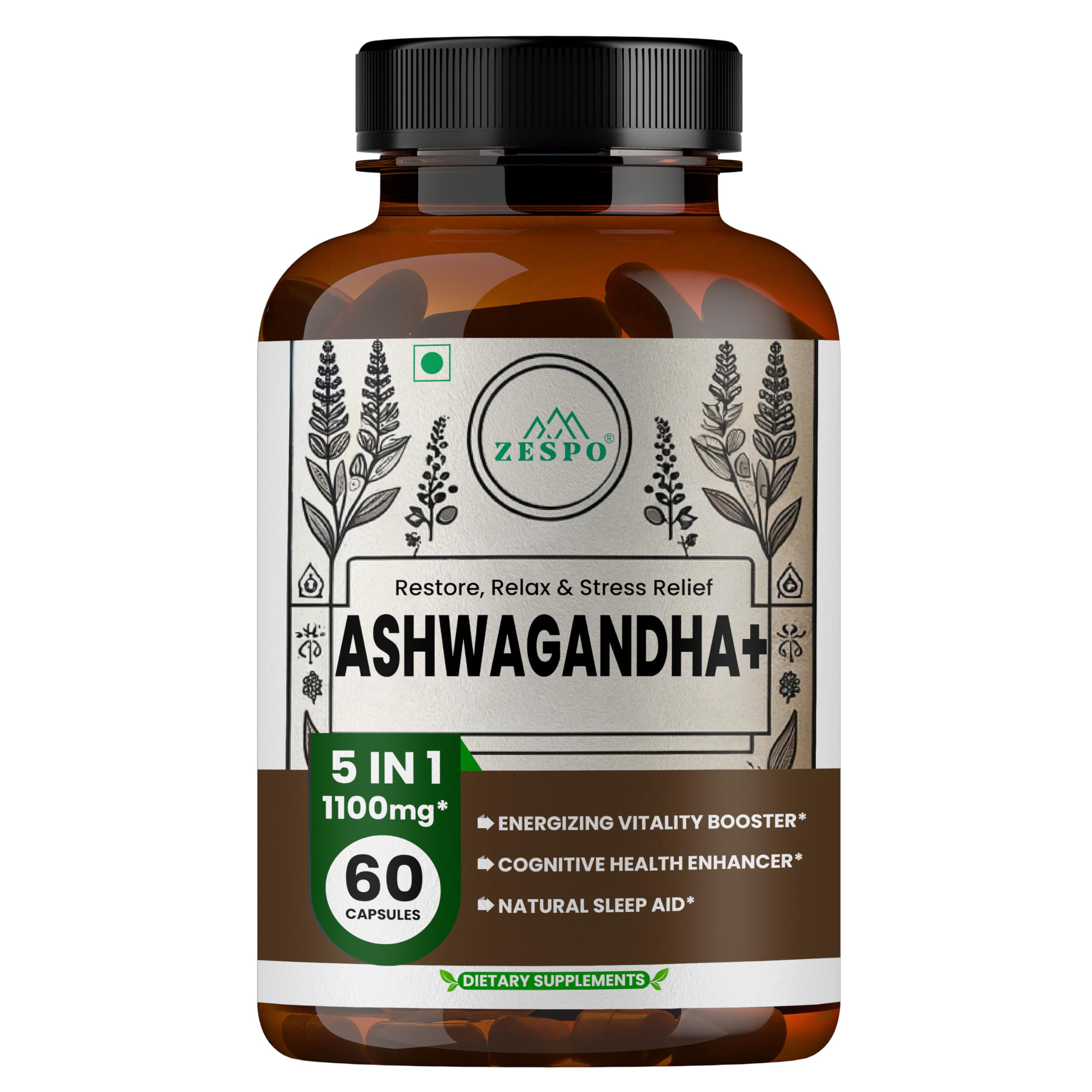 ZESPO Ashwagandha + 1100mg - Herbal Supplement for Stress Relief, Energy & Co...