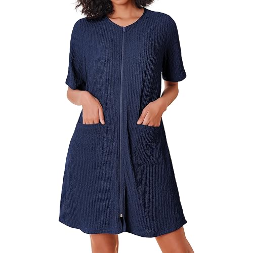 Ekouaer Women Zipper Robe Short Sleeves House Dress Knit Short Bathrobe Sleepwear with Pockets Housecoat Nightgown S-XXL