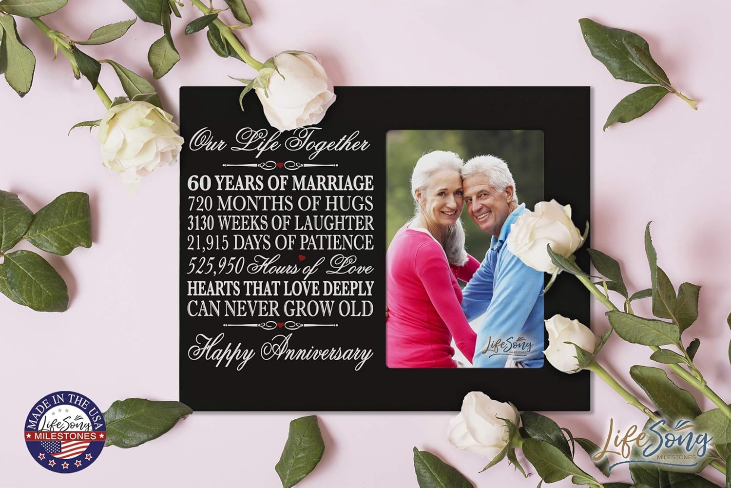 60th Anniversary Picture Frame and Floral Rope Sign Bundle Our Life Together